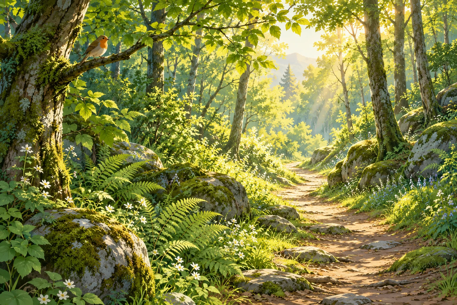 Anime woodland path with sunbeams, ferns and a small robin