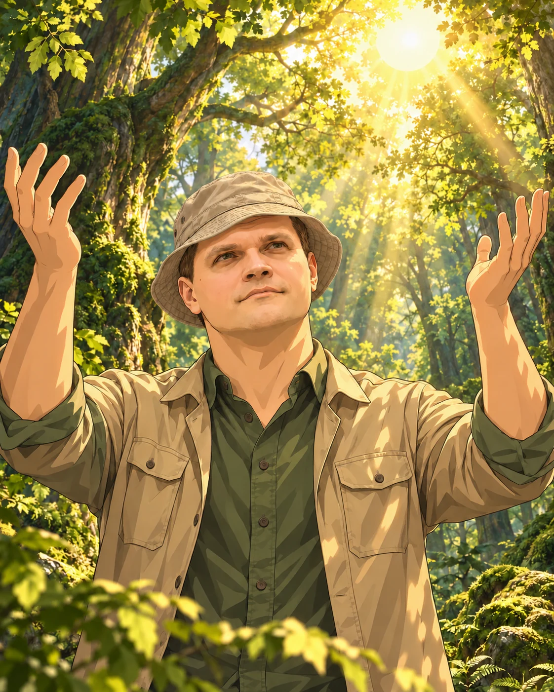 The original illustrated forest portrait, with a soft panama hat and raised hands