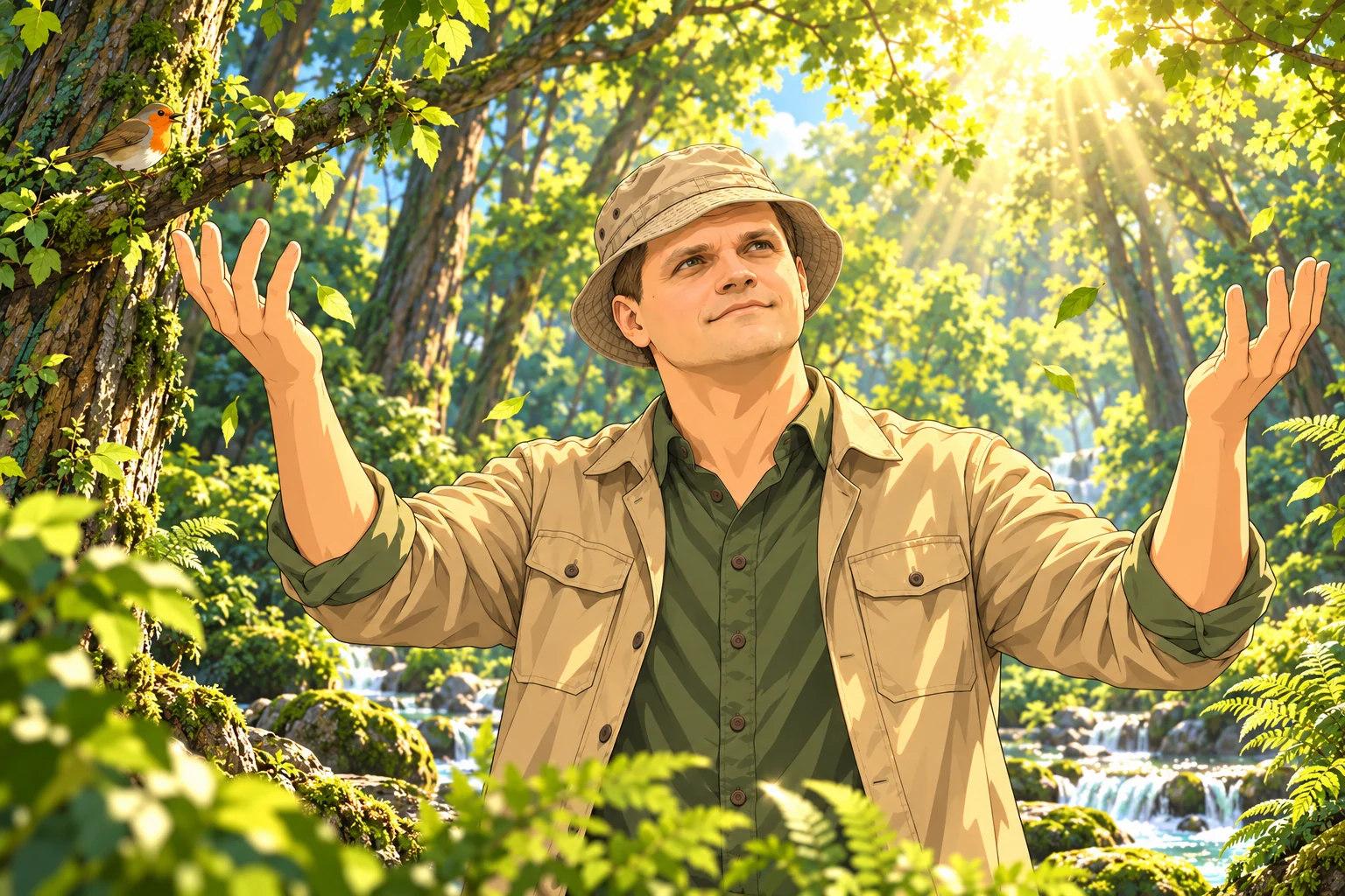 Lively anime portrait of the author in a natural khaki bucket hat, smiling with open hands raised to sunlight in a green forest